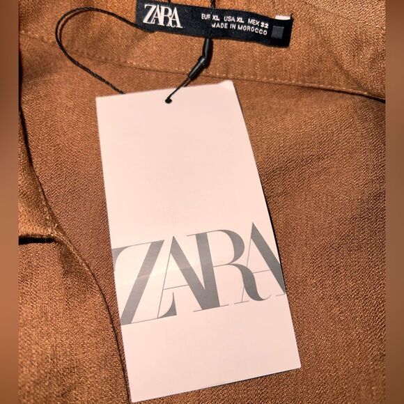 ZARA Textured Maxi Shirt Dress Belted Gold Button Light Brown Size XL NWT - Picture 7 of 13